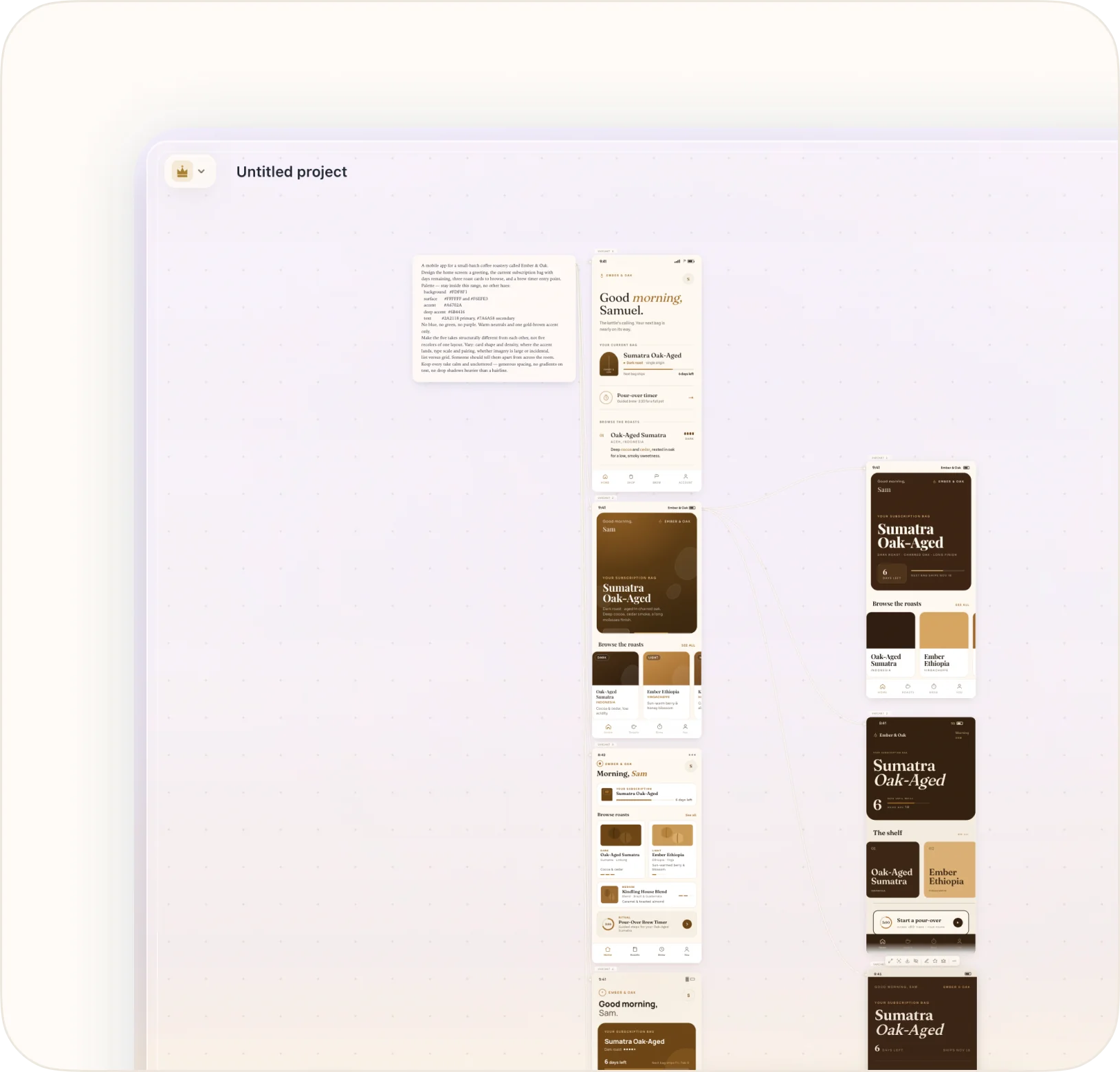 The Crown canvas with a prompt and its generated takes