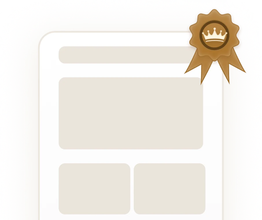 A single page layout enlarged, with a gold crown rosette pinned to its top corner